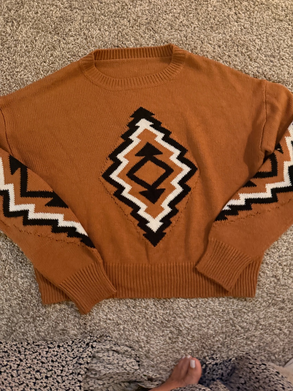 Others Follow Rust Aztec Crewneck Sweater with Black & White Accents